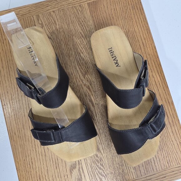 AKAISHI Shoes Womens Size 7 Black Sandals Slide Adjustable Straps Comfort Wedge - Picture 7 of 10